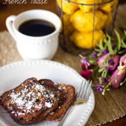 Mess-less French Toast- a great way to make french toast that isnt sticky for little hands- because the syrup is cooked in! Such an easy tip!