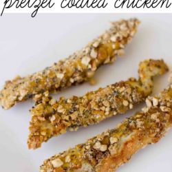 pretzel coated crispy baked chicken strips. So easy, you can make them ahead and freeze instead of buying those super processed chicken strips