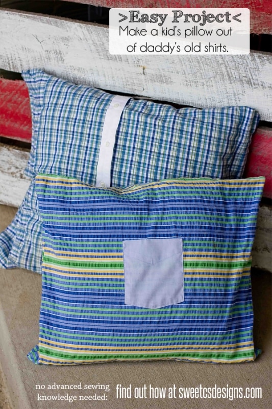 Make a pillow for kids out of daddys old shirts at sweetcsdesigns.com- this is SUCH a cute idea and requires only basic sewing skills! A great way to keep daddy close while he's away! #sewing #pillow