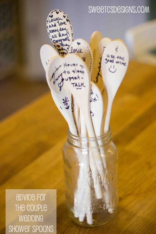 Such a great idea- have guests at a wedding shower write advice to a couple on spoons. The couple can keep long after the wedding as a lovely reminder of the friends who love and support them! 