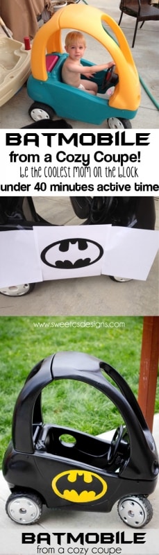 make a #batmobile from a thrift store kids car- only 40 minutes of active time to be the coolest mom on the block at sweetcsdesigns.com! #batman #kids #cricut