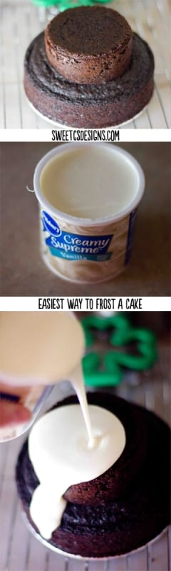 canned frosting being poured over a cake