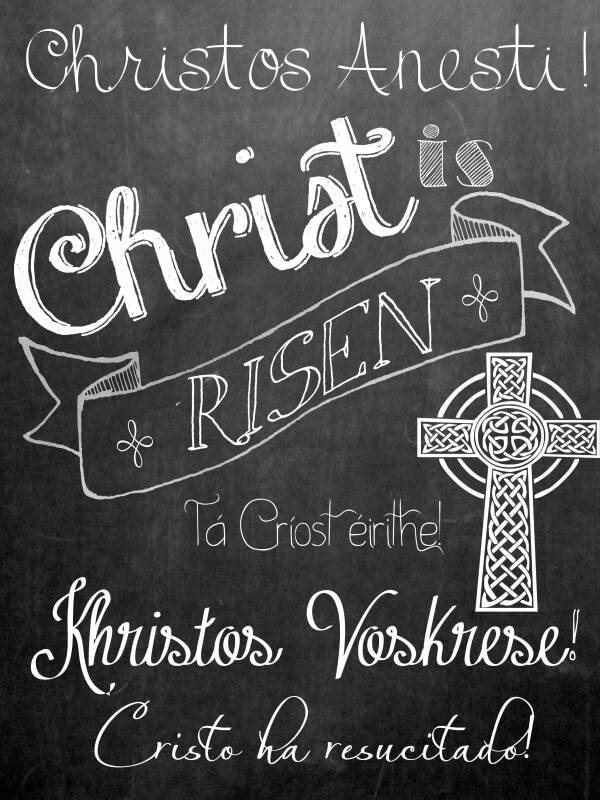 A Paschal Printable featuring the joyful proclamation "Christ is Risen!" on a chalkboard.