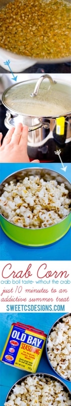 crab corn, popcorn in a bowl with old bay seasoning on the side.