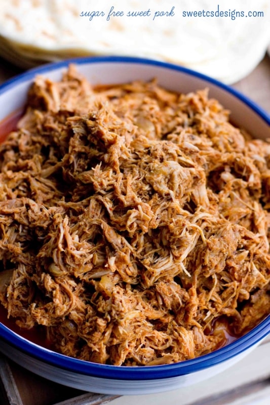 sugar free sweet pork- this is so delicious and uses natural, sugar free flavors to taste like cafe rio without the extra calories at sweetcsdesigns.com ! #sugarfree #paleo #sweetpork