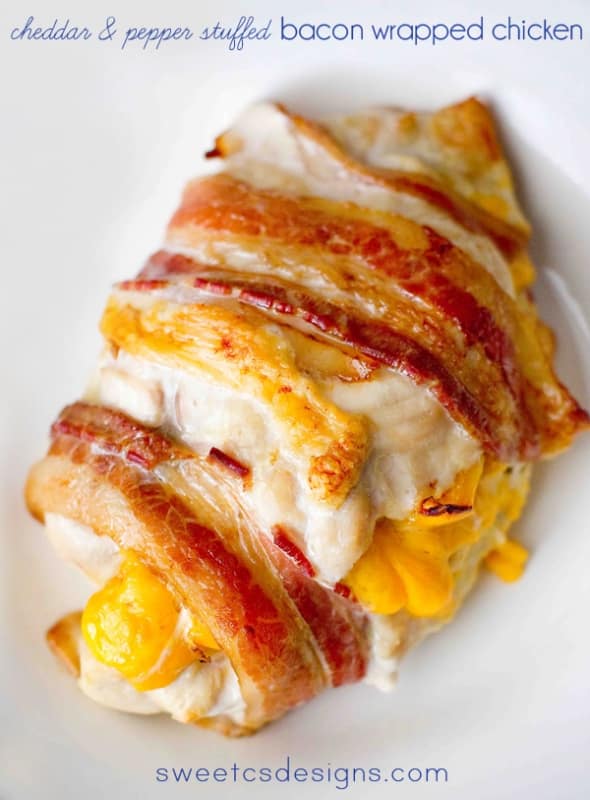 Cheddar and pepper stuffed bacon wrapped chicken- this is the most delicious, easy meal you can make! The technique at sweetcsdesigns helps keep chicken moist and flavorful in the oven #chicken #baco