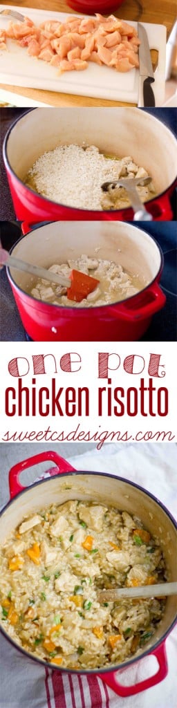 one pot chicken risotto with fresh vegetables at sweetcsdesigns.com #chicken #recipe #onepot