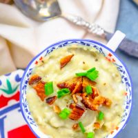 Thanksgiving leftover mashed potato soup with bacon and chives.