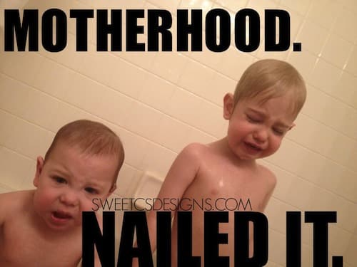 Two boys in a less-than-glamorous bathtub moment affirm the realities of motherhood.