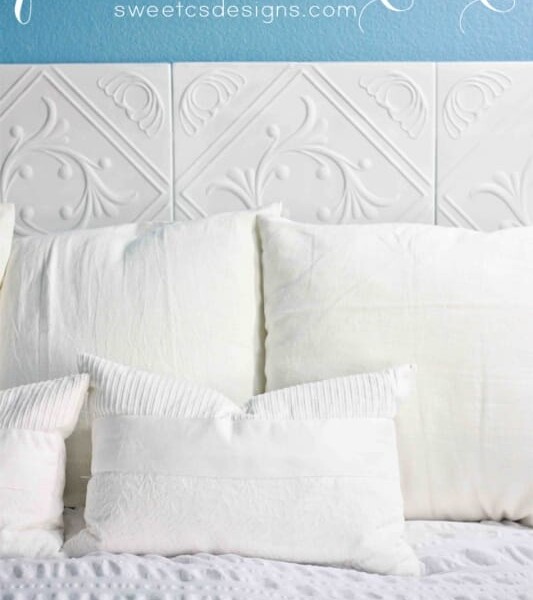 Four-tiered faux tiled headboard.