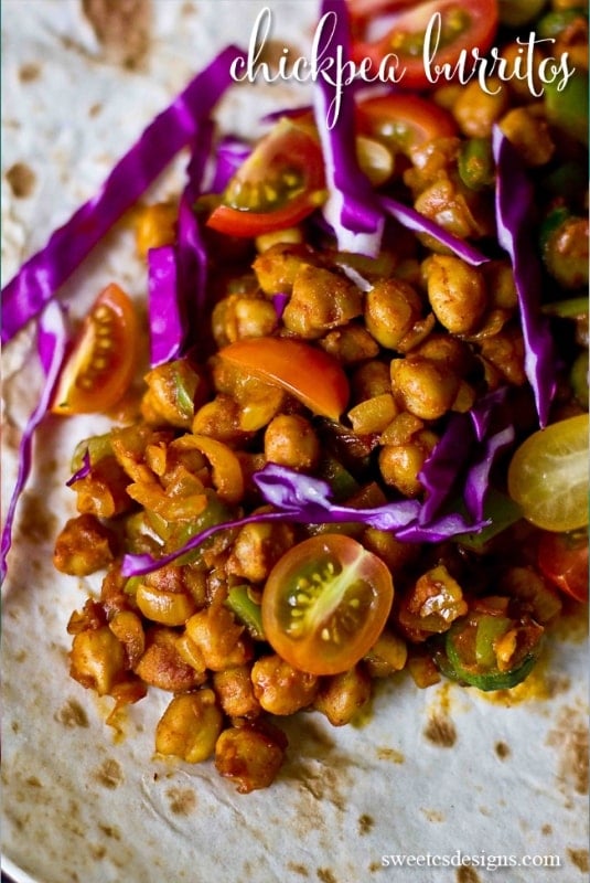 chickpeas, red cabbage, sliced tomatoes, in a tortilla