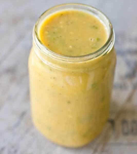 Homemade cream of asparagus soup in a jar.