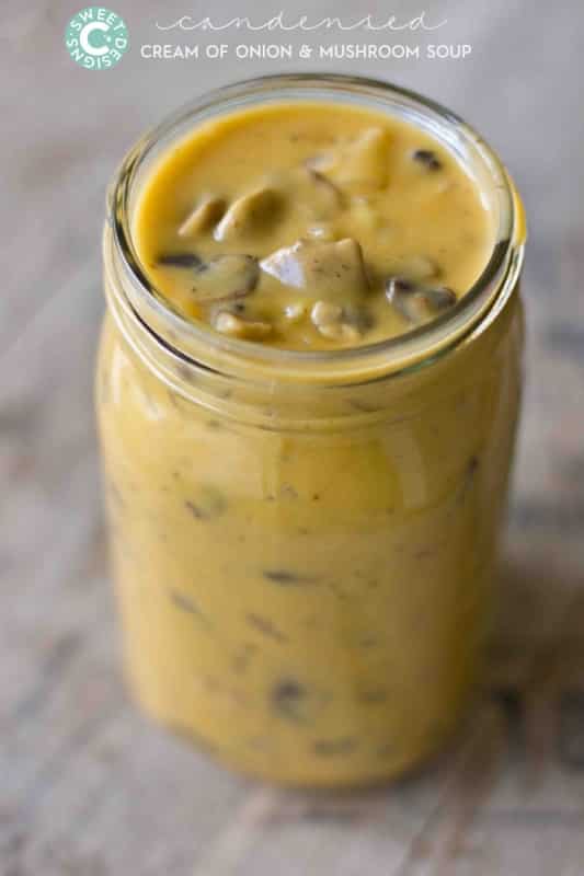 picture of creamy soup in a jar with onions and mushrooms in it