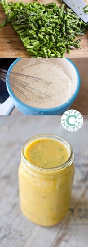 asparagus cut up, flour being whisked in a bowl, jar of asparagus soup