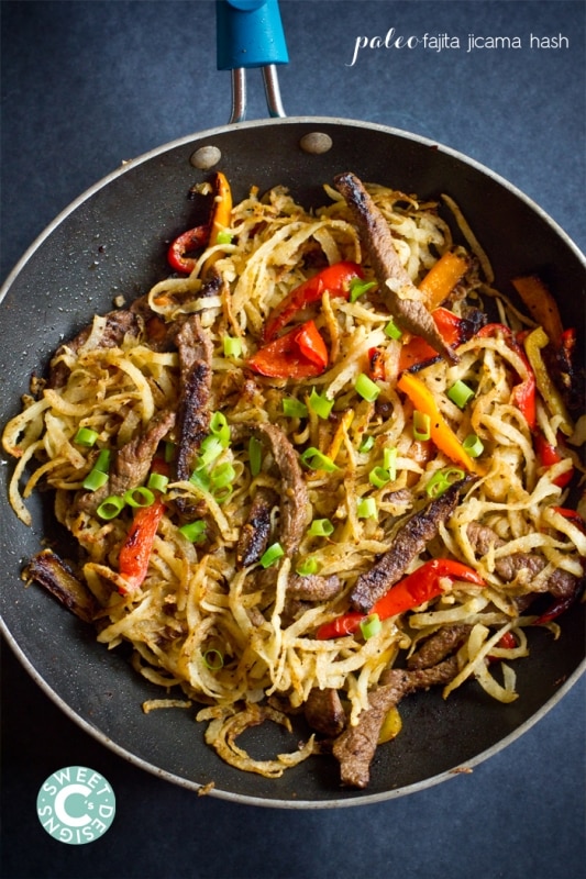 jicama, beef, green onions, and bell peppers in a skillet