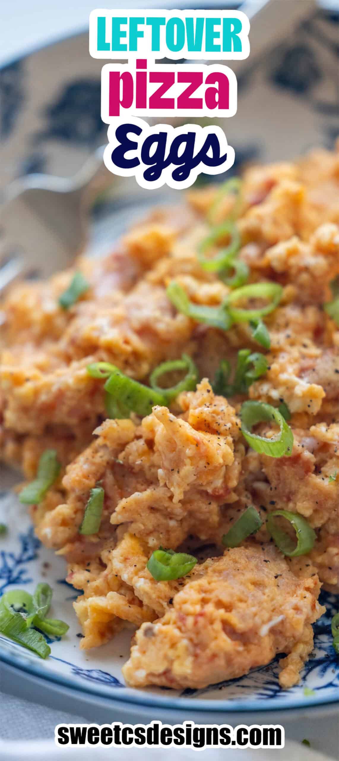 Close-up of Pizza Eggs—scrambled eggs mixed with classic pizza toppings and garnished with chopped green onions on a plate.