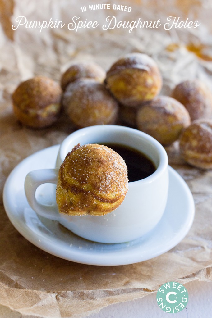 coffee and stack of donut holes covered in cinnamon and caster sugar
