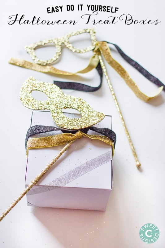 Easy DIY treat boxes with glitter masks- this is such a gorgeous halloween idea!