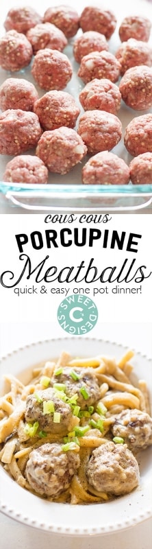 cous cous porcupine meatballs- this twist on a comfort food classic is delicious- and with a homemade cream of mushroom sauce too!