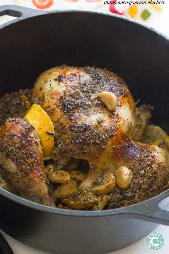 picture of lemon garlic whole roasted chicken in a dutch oven 