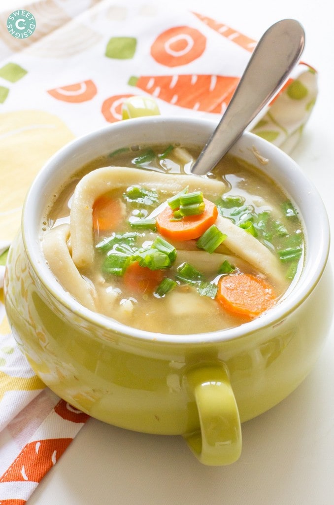 semi homemade chicken noodle soup- use fresh veggies and chicken to make this delicious comforting soup!