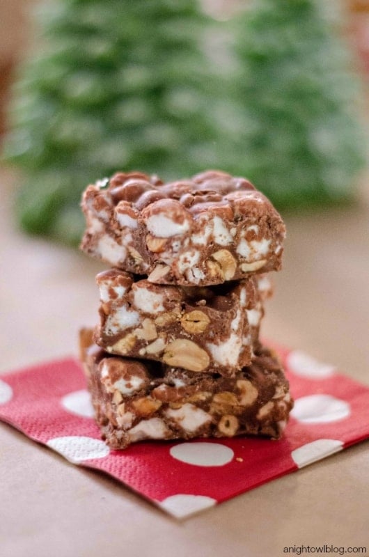 marshmallow and nut fudge on a red and white napkin