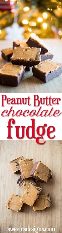 peanut butter chocolate fudge cubes on a wooden cutting board