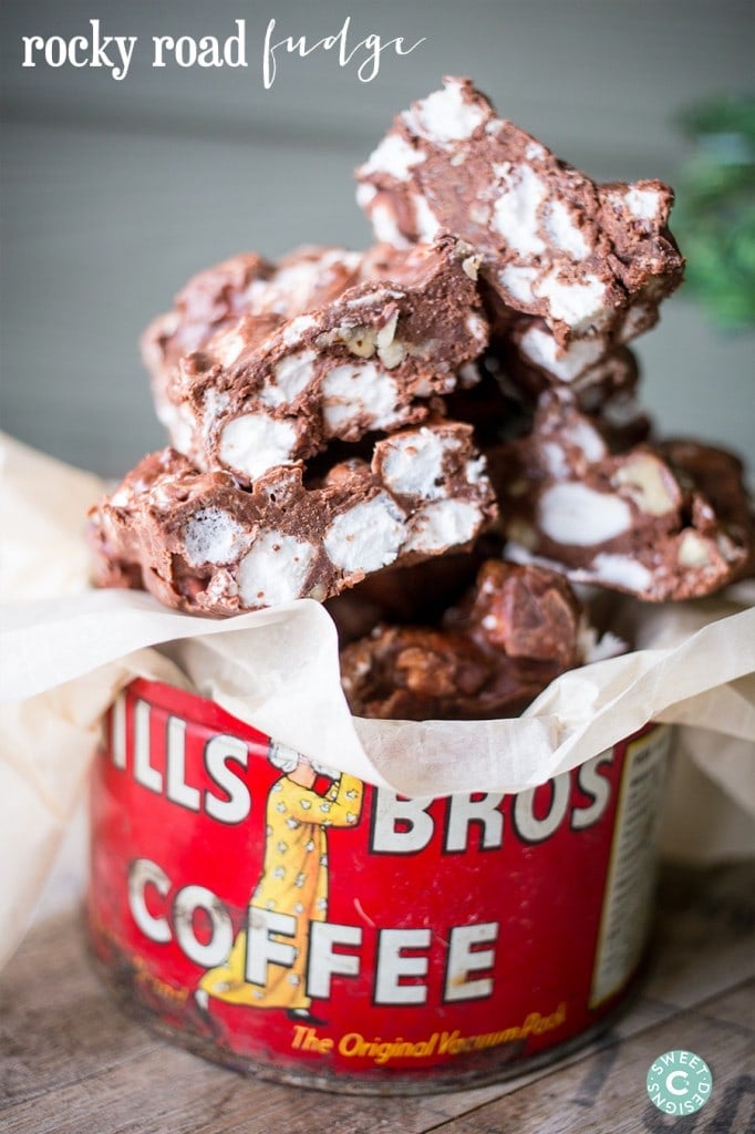 nut and marshmallow chocolate fudge in a red canister