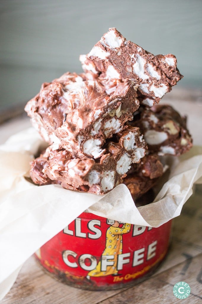 nut and marshmallow chocolate fudge in a red canister