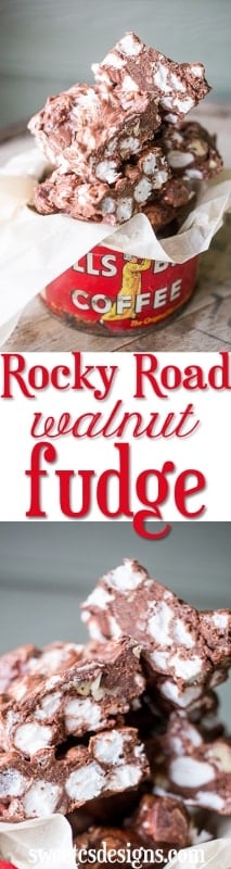 rocky road walnut fudge up close with name written across it