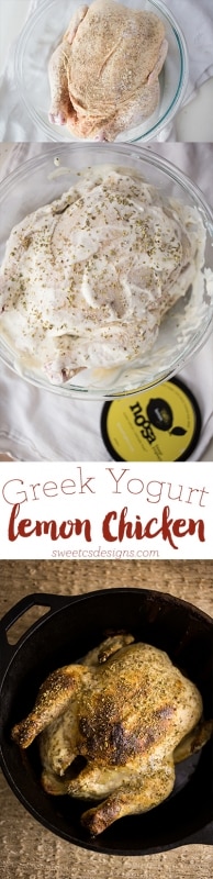 greek yogurt lemon chicken- this easy marinated dish gives the most juicy and flavorful roast chicken ever!