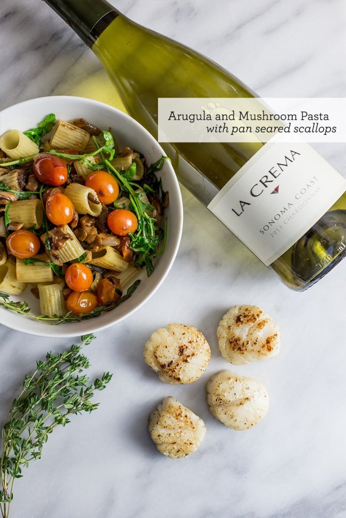 browned pan seared scallops, wine, bowl of noodles, mushrooms, tomatoes, and arugula, thyme