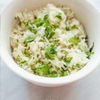 Chipotle knockoff cilantro lime rice in a white bowl.