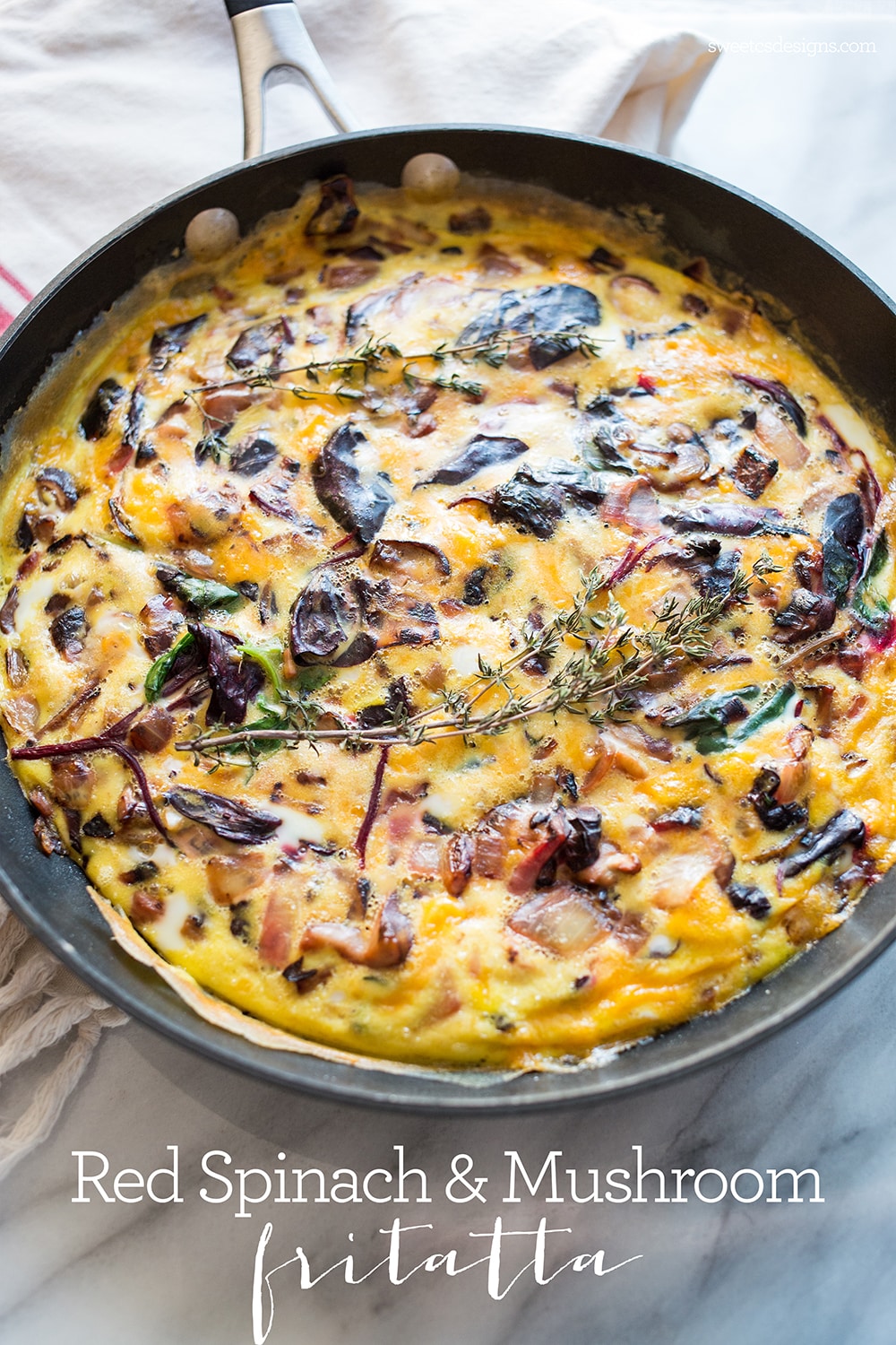 this fritatta combines unique and colorful red spinach with mushrooms for a filling meat free breakfast!