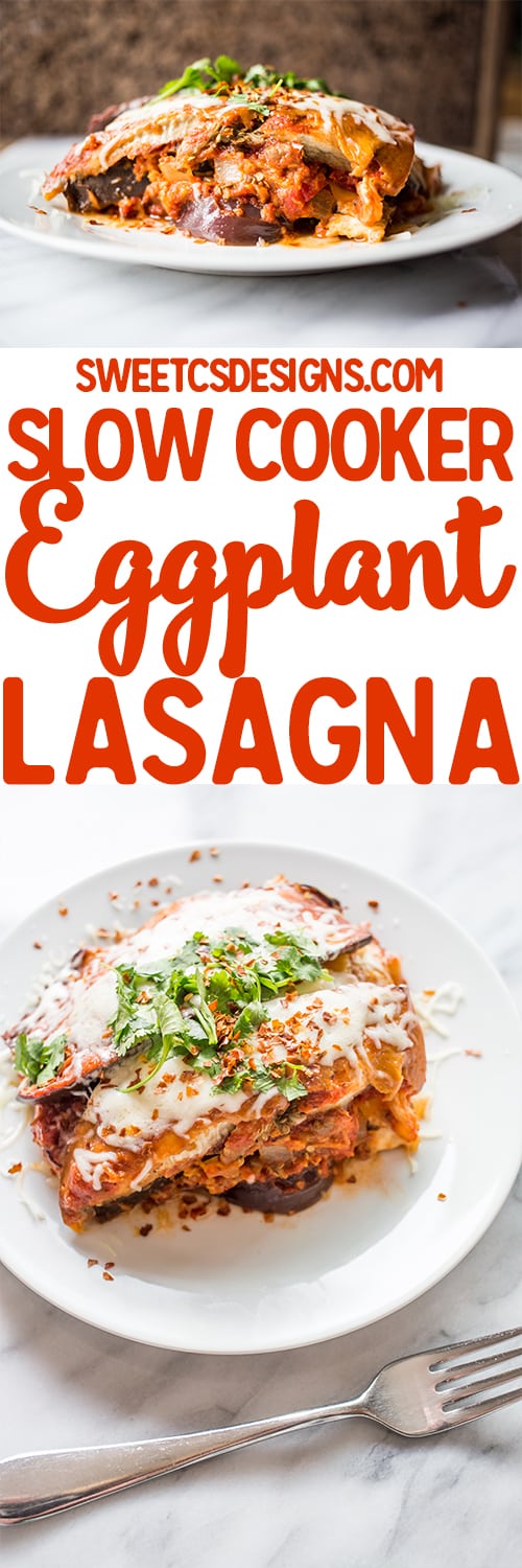A quick, easy and cheesy healthy meal in the slow cooker- this grain and gluten free eggplant lasagna is so good!