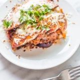Keto Eggplant Lasagna served with a fork.
