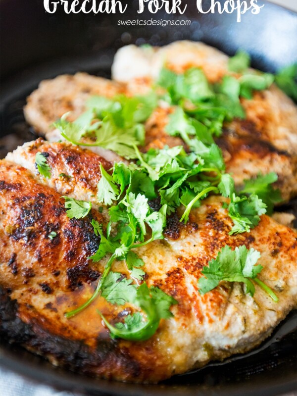 Greek pork chops cooked with herbs.