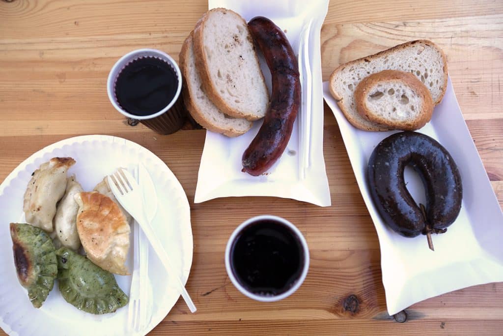 Polish street food from the Market Square fair- sausages, pierogies, and mulled wine!