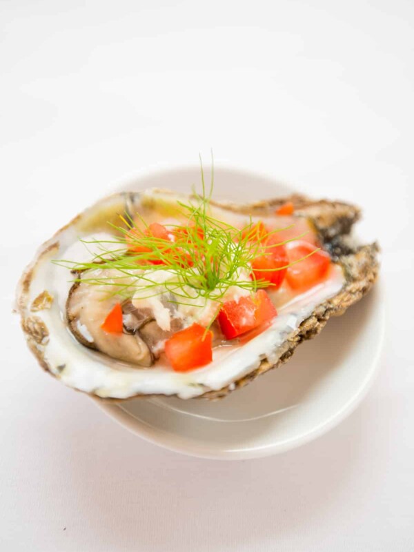 Bloody Mary-inspired Oysters on a white plate.