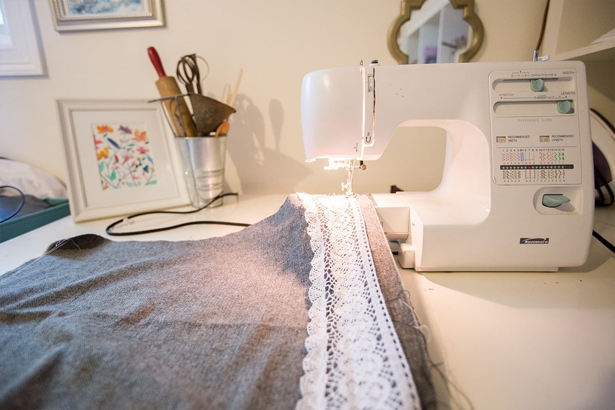 Add lace onto scarf with a simple stitch