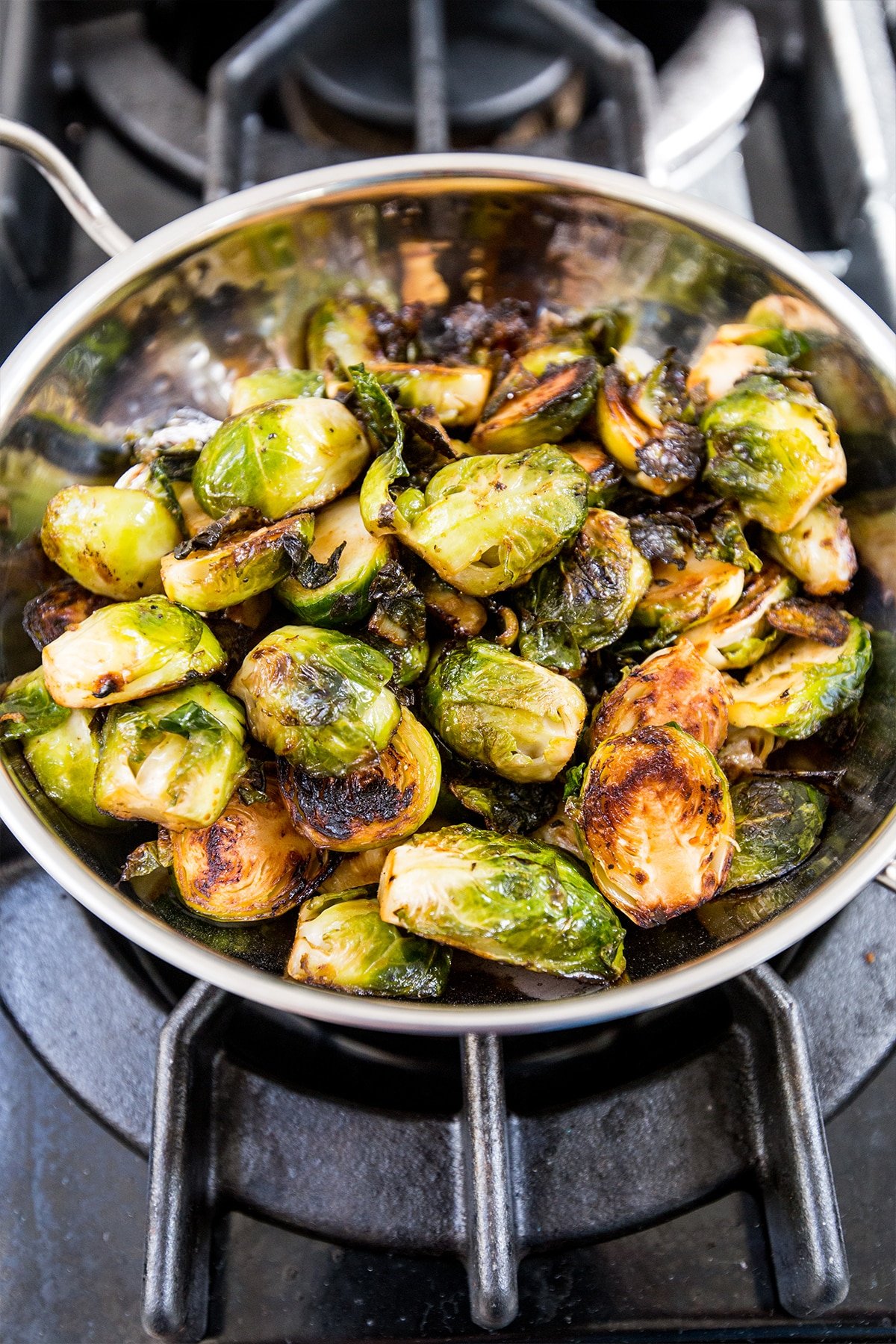 pan with roasted brussels sprouts.