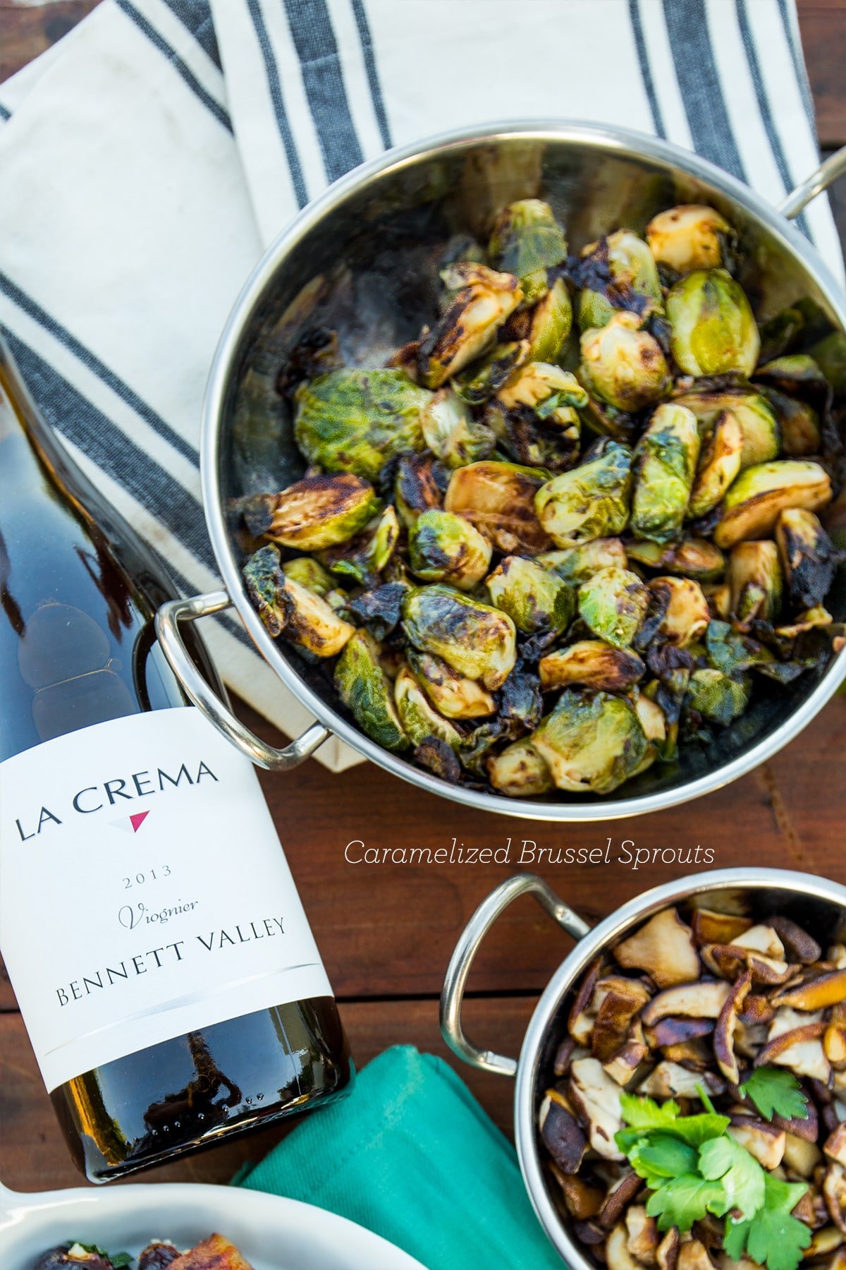 caramelized brussel sprouts in a pan with wine  and mushrooms in another pan