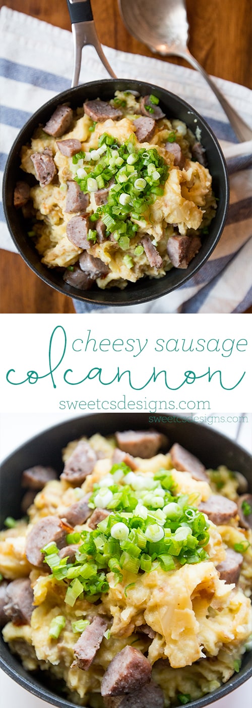 Cheesy sausage colcannon- this is the most delicious, easy, cabbage and mashed potato dish!