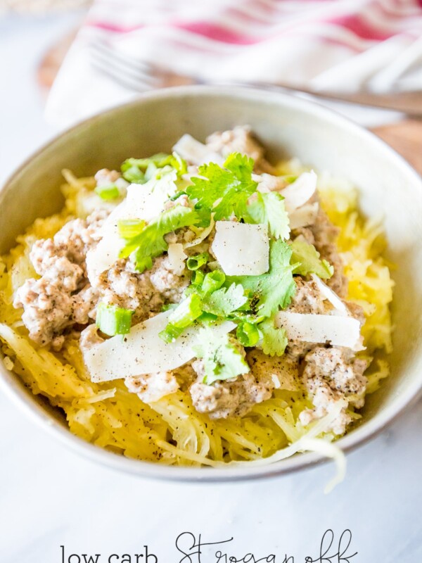 A low carb bowl of spaghetti squash stroganoff with parmesan cheese and parsley.