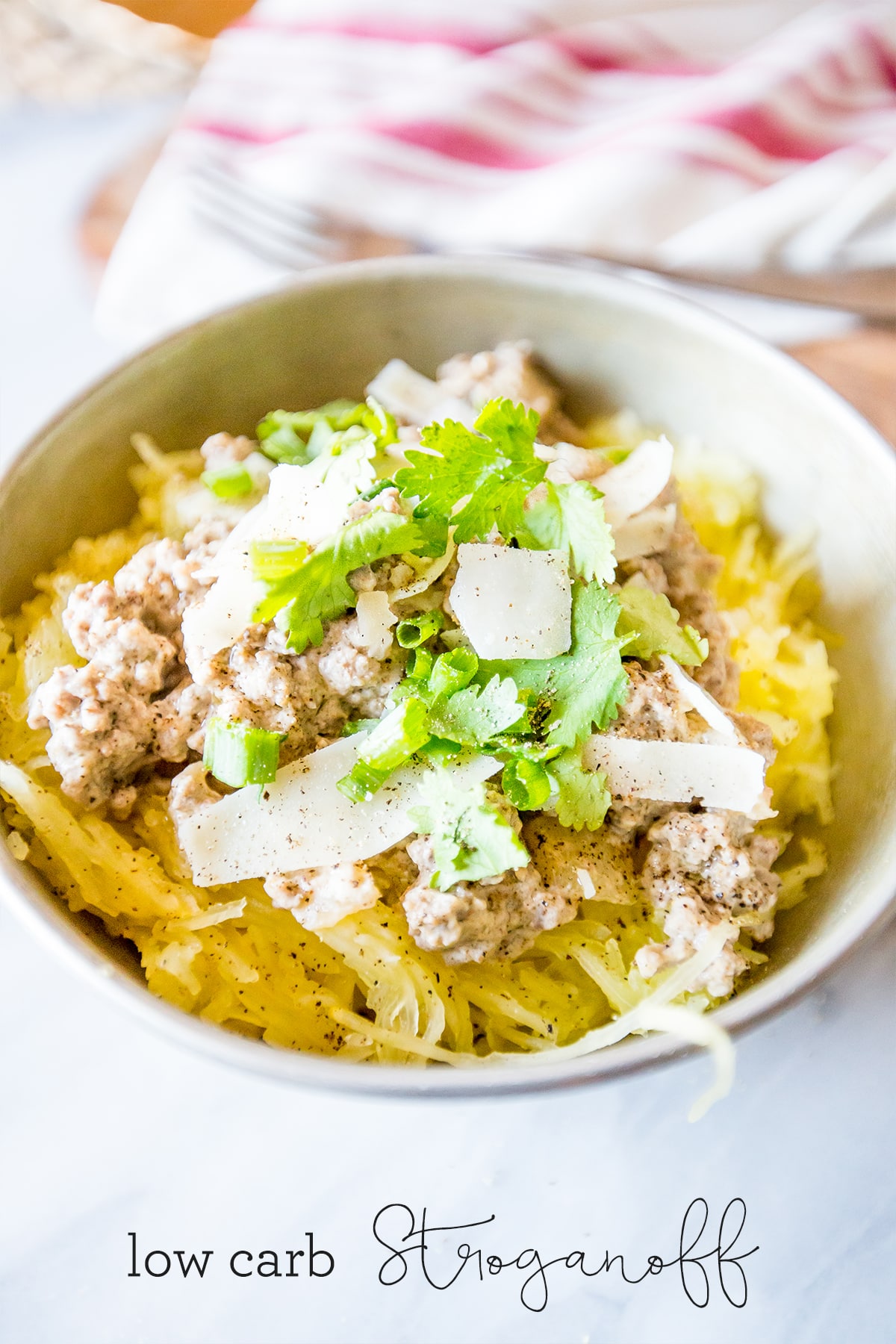 Delicious easy low carb stroganoff- super comforting and this version is lightened up for guilt-free dinners!