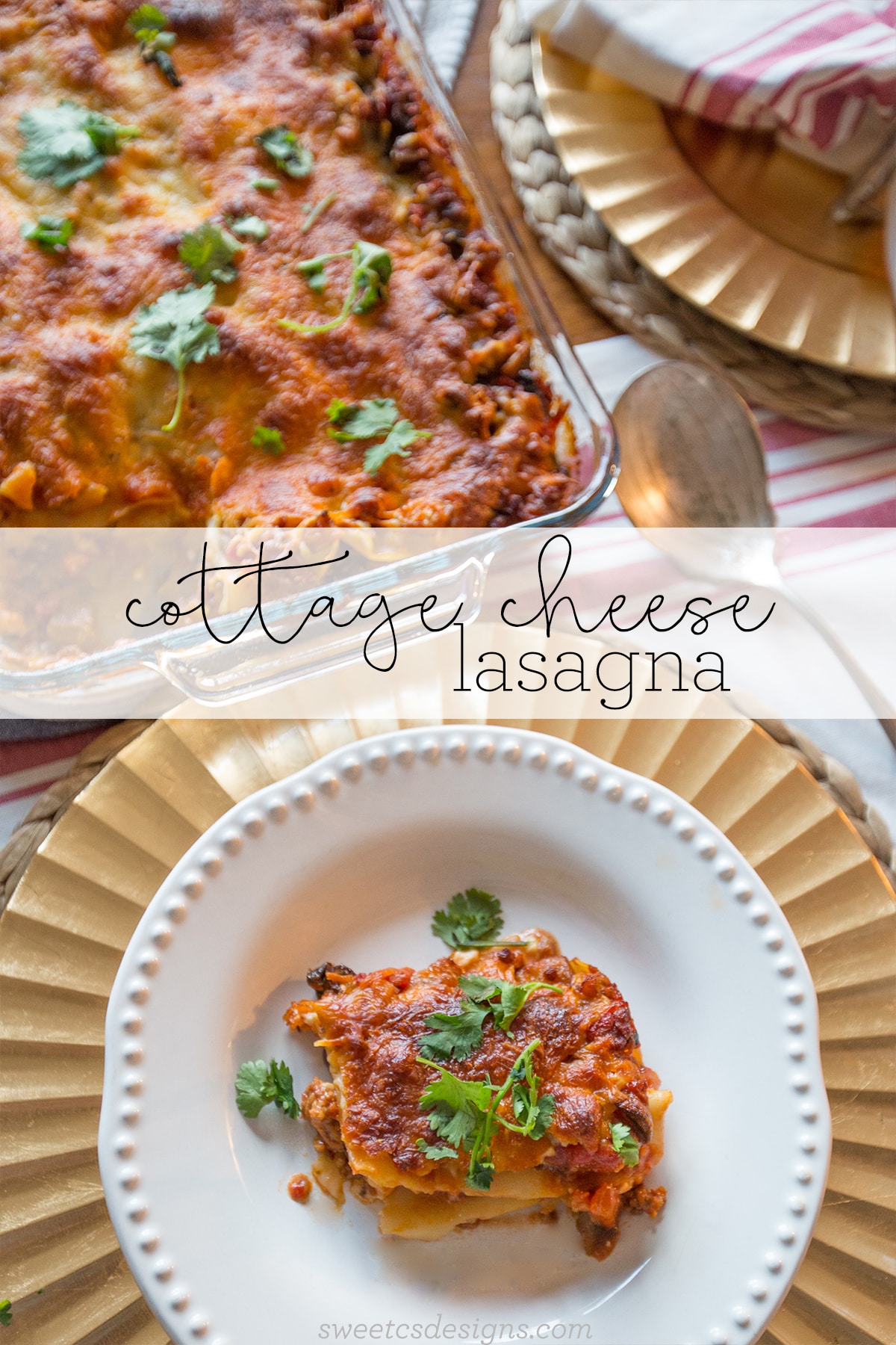 layered lasagna with beef and cottage cheese and parsley on 