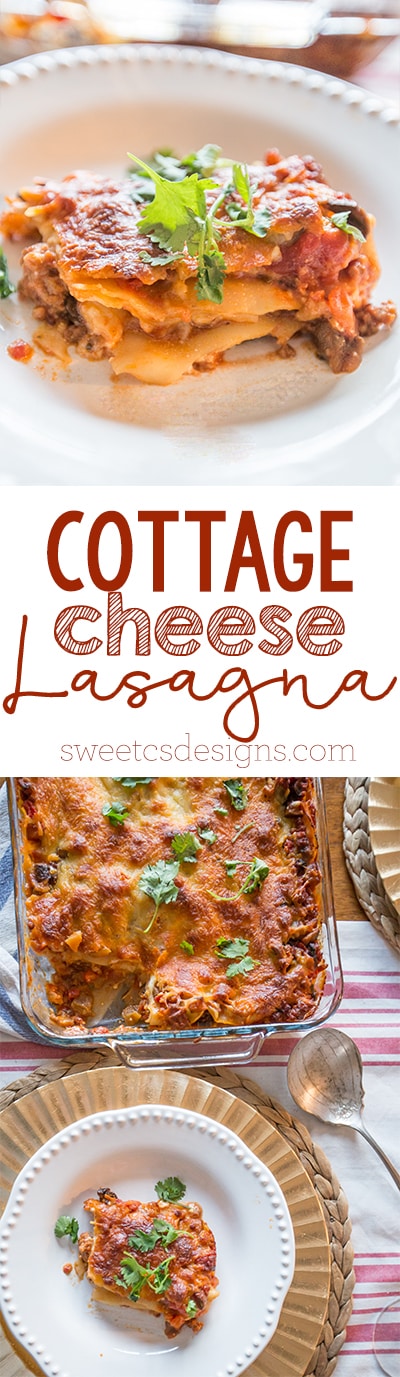 layered lasagna with beef and cottage cheese and parsley on top