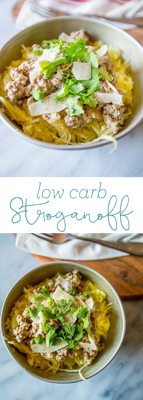 bowl of spaghetti squash with beef stroganoff, parmesan cheese and green onions low carb stroganoff written across it. 