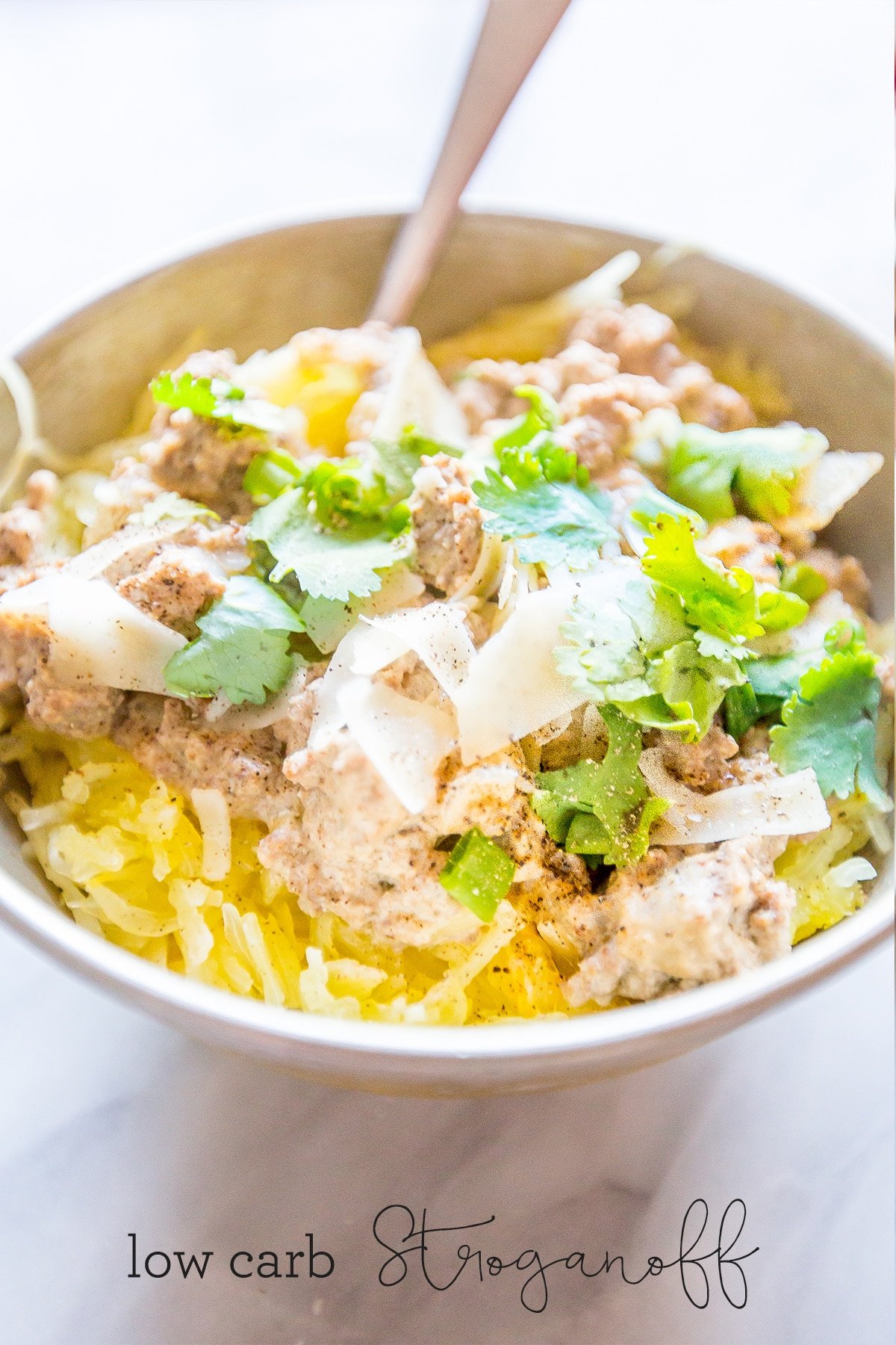 bowl of spaghetti squash with beef stroganoff, parmesan cheese and green onions. 