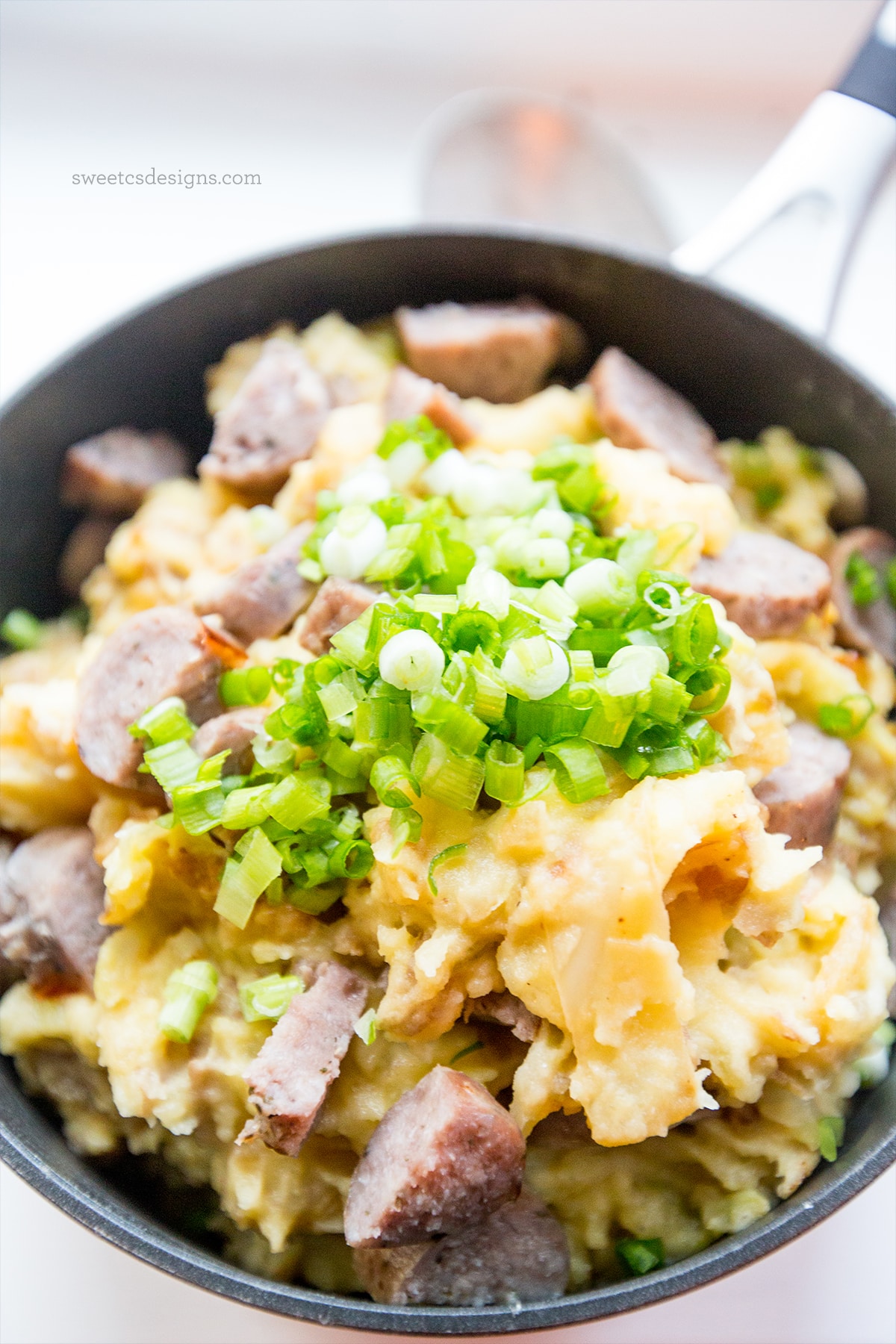 cheesy potatoes and cabbage with bratwurst- this is so delicious and easy!
